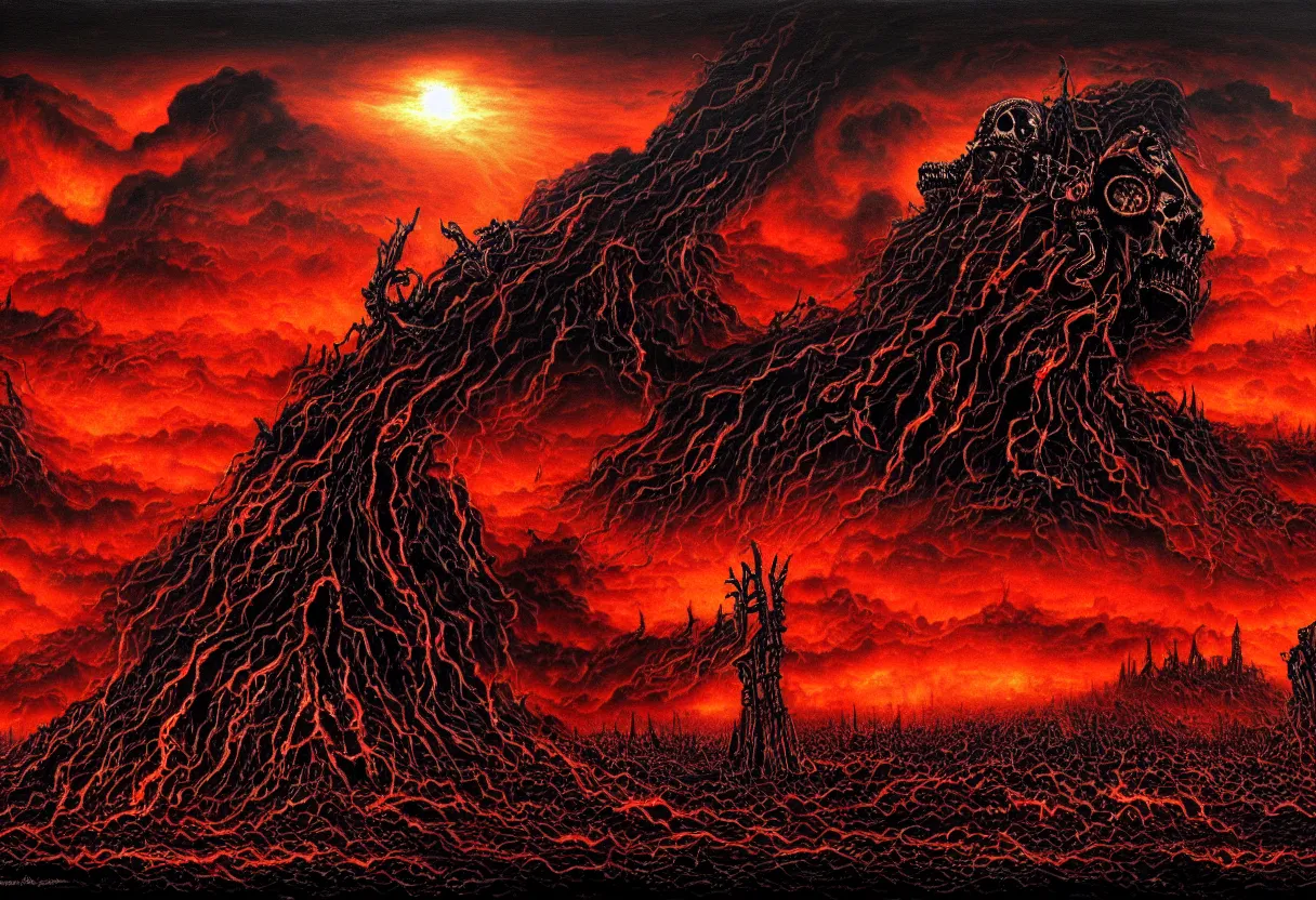 Prompt: dark burning sky with suffering shadows of dead humans with arms outstretched towards the sky, crushed souls under machines of hate, rivers of blood, nuclear waste, hell fire , under the eye of evil and monstruos alien god, blood incantation, revelation of death, radiation, sickness, disease, plague, fantasy, intricate, elegant, highly detailed, digital painting, artstation, concept art, smooth, sharp focus, octane render, dramatic lighting, volumetric lighting, cinematic lighting, art by artgerm and greg rutkowski and alphonse mucha and wlop