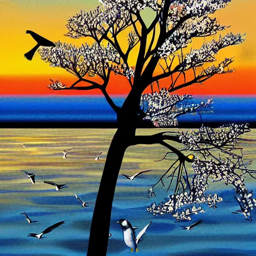 Image similar to birds on cherry tree, serene, graceful, sunset at golden hour, digital painting, Dada