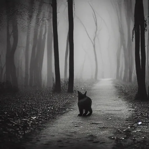 Image similar to a cat walks alone through the woods at night, gloomy, dark, foggy, night, ominous, dark color, atmospheric, cinematic lighting, intricate detail?