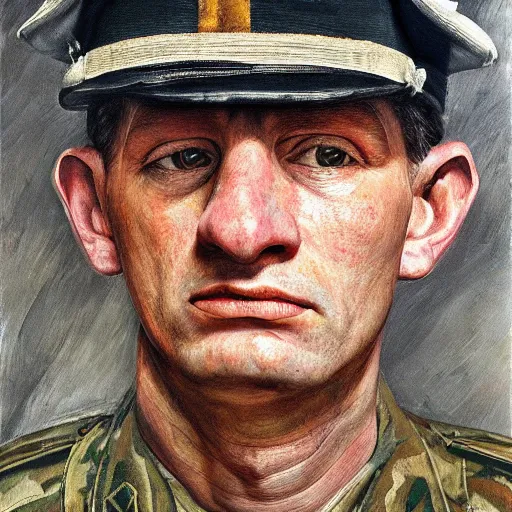 Prompt: high quality high detail painting by lucian freud, hd, american soldier, photorealistic lighting