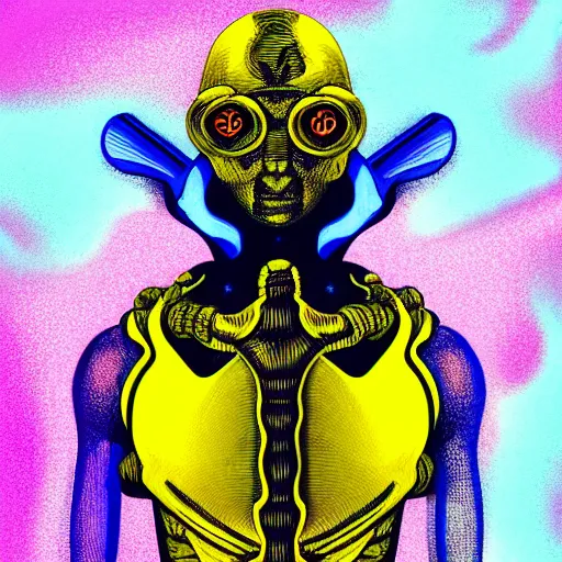 Image similar to human man that resembles a wasp morh in surreal sketch style, blue and yellow gradient, noise, ultrafine detail, hd 8k, logo illustration