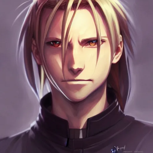 Prompt: Edward Elric from Fullmetal Alchemist, intricate, elegant, highly detailed, digital painting, artstation, concept art, matte, sharp focus, illustration, art by Artgerm and Greg Rutkowski and Alphonse Mucha