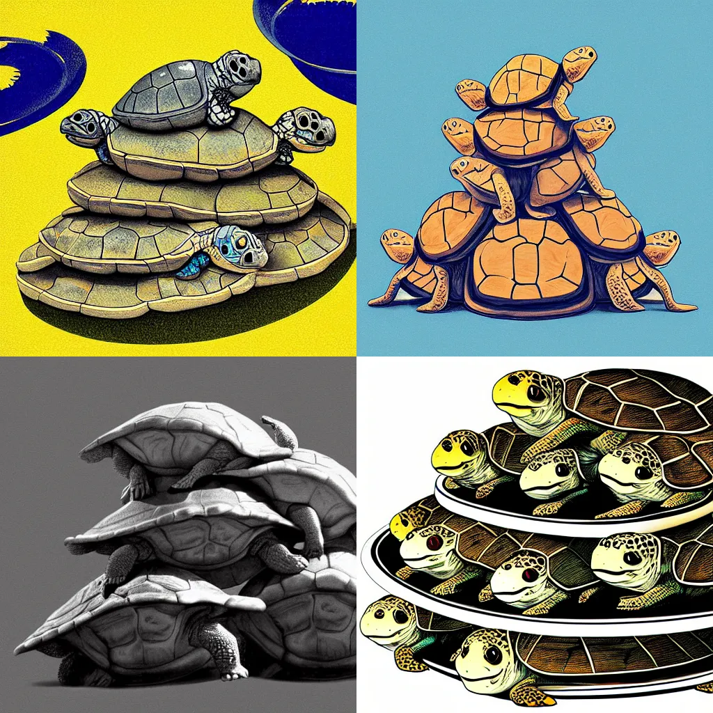 Prompt: a stack of turtles with a plate on top, digital art