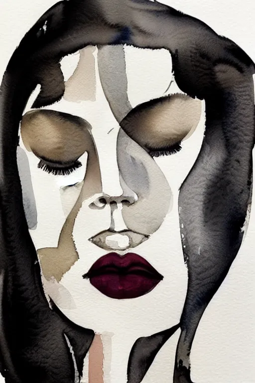 Image similar to beautiful face woman, symmetrical, grey, colorless and silent, watercolor portraits by Luke Rueda Studios and David downton