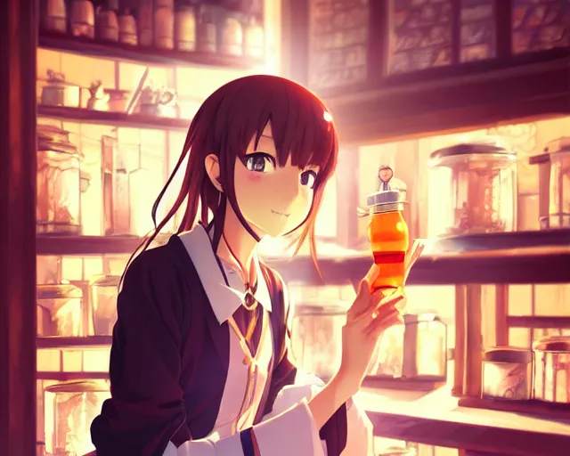 Image similar to anime visual, portrait of a young female traveler in a alchemist's potion shop interior, cute face by yoh yoshinari, katsura masakazu, cinematic luts, cold studio lighting, dynamic pose, dynamic perspective, strong silhouette, anime cels, ilya kuvshinov, cel shaded, crisp and sharp, rounded eyes