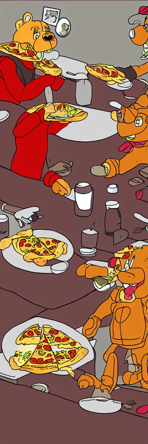 Prompt: freddy fazbear eats pizza at the same table with rock johnson, realistic photo