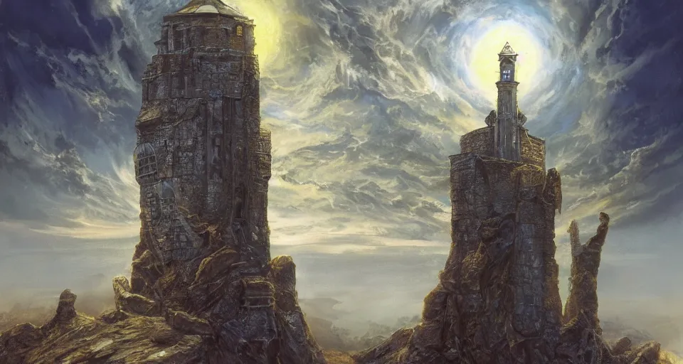 Image similar to concept art of'the watchtower of the golden key'from the modern supernatural arcane magical thriller tabletop rpg'mage : the awakening ', by david mattingly and alan lee and michael whelan and michael william kaluta and francisco goya. realistic 8 k matte painting with photorealistic hd lighting.