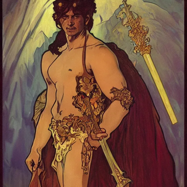 Image similar to an aesthetic! a detailed portrait of a man with a crown, holding a scepter by frank frazetta and alphonse mucha, oil on canvas, art nouveau dungeons and dragons fantasy art, hd, god rays, ray tracing, crisp contour lines, huhd