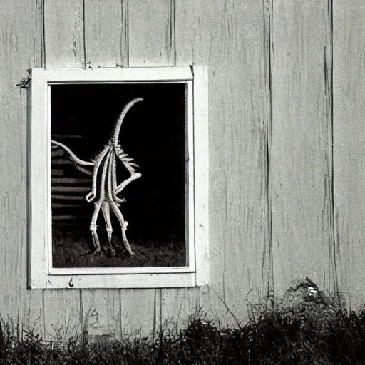 Prompt: alien in grandmother's village is photographed against the background of an old house, top secret style photo, 7 0 s