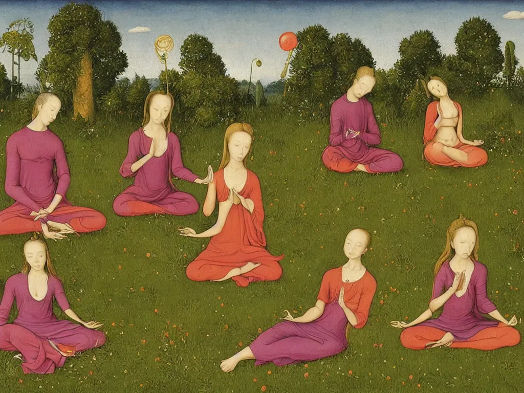 Prompt: two woman and two men meditating in the grass. cosmic lollipop. painting by lucas cranach, moebius