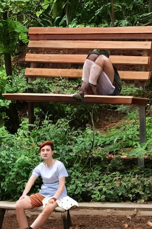 Prompt: a character wearing a diy sitting on a bench in a botanical garden