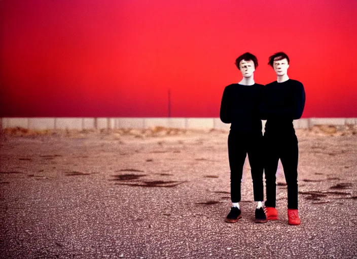 Image similar to cinestill 5 0 d closeup photographic portrait of two clones in front of a brutalist metal building, on a desolate plain, red sky, black oversized clothes, depth of field, 4 k, 8 k, hd, full color