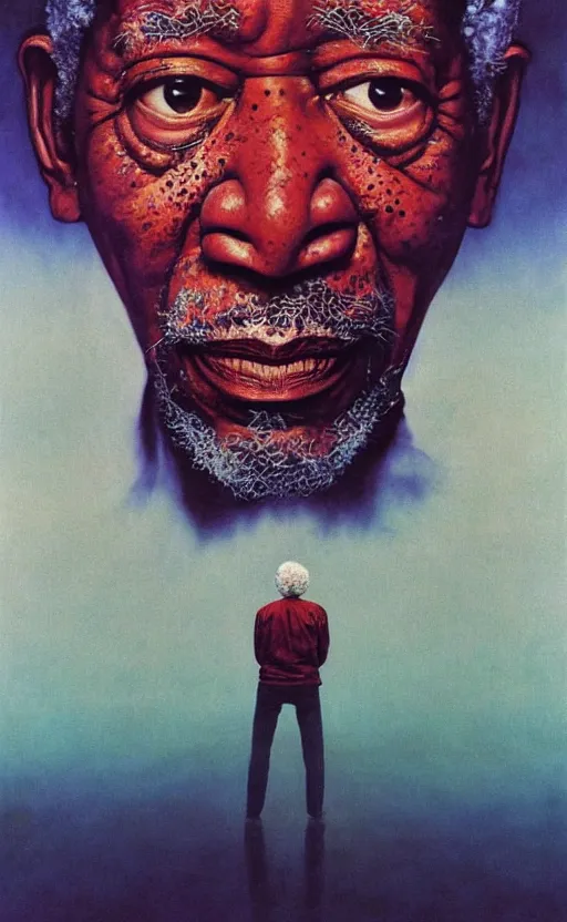 Image similar to ultrawide angle colour masterpiece surreal closeup portrait photography of morgan freeman playing on stage by miho hirano and annie leibovitz and michael cheval, weird surreal epic psychedelic complex biomorphic 3 d fractal landscape in background by kilian eng and roger dean and salvador dali and beksinski, 8 k