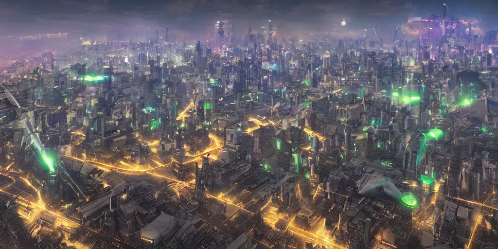 Image similar to big futuristic city like coruscant, with a yellow green smog sky, cinematic lighting, power plants with smoke, factories, tall metal towers, flying metal orbs with red lights, flying vehicles, a big moon in the sky, one blimp in the distance, hd 4k photo