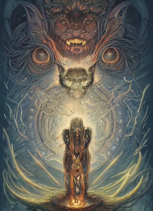 Prompt: occult demon glowing eyes, shamanic poster lsd art, intricate, elegant, highly detailed, centered, digital painting, artstation, concept art, smooth, sharp focus, illustration, artgerm, tomasz alen kopera, peter mohrbacher, donato giancola, joseph christian leyendecker, wlop, frank frazetta