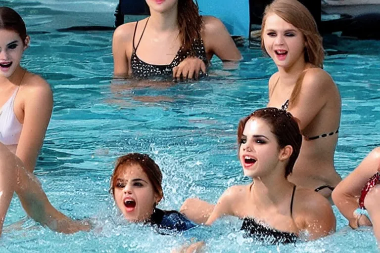 Image similar to emma watson and taylor swift and selena gomez swim together. perfect faces.