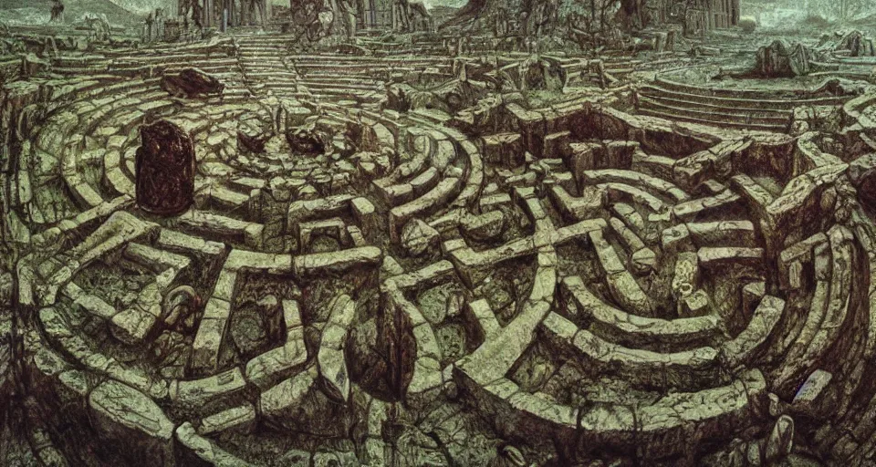 Prompt: ancient greek overgrown labyrinthwith with an gigantic ancient altar in the center, by giger, durer, beksinski, retro sci - fi movie, highly detailed, lush, intricate, photorealistic, illustration, matte painting, 8 k, beehance