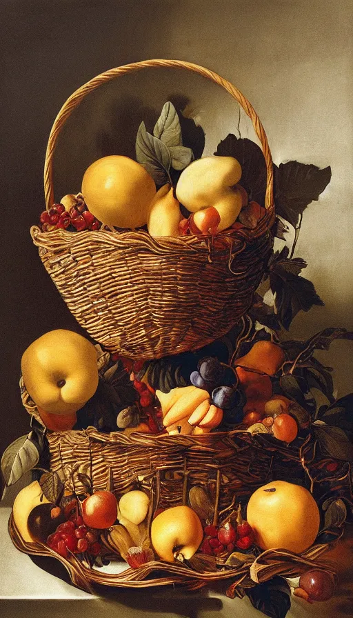 Prompt: hyperrealistic still life painting of Donald Trump with a basket of fruit by Caravaggio, botanical print