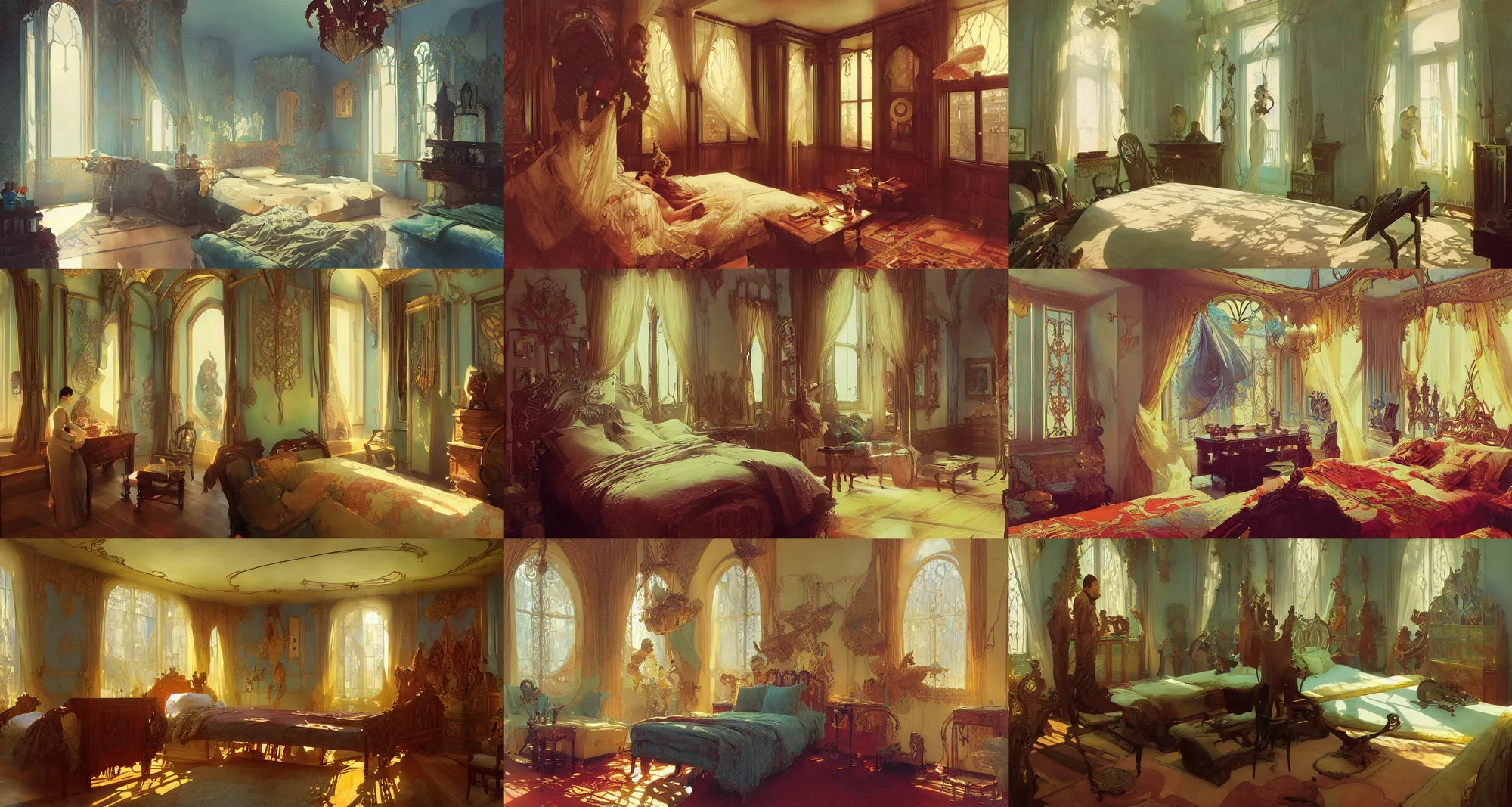 Image similar to bedroom, art nouveau architecture, fantasy, art by joseph leyendecker, ivan aivazovsky, ruan jia, reza afshar, marc simonetti, alphonse mucha