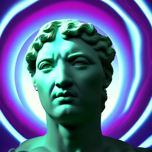Image similar to 3 d sci - fi cgartist rendering of a hyper realistic marble greek statuary bust floating at the vast pulsating interdimensional fractal space portal at the psychedelic vaporwave event horizon directed by col price, trending on artstation