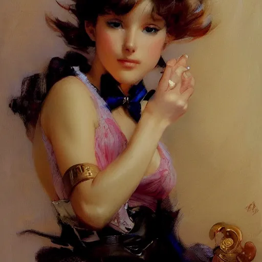 Prompt: a high fashion studio portrait of a cute anime girl, painting by gaston bussiere, craig mullins, j. c. leyendecker