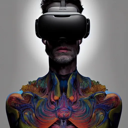 Prompt: Colour Caravaggio and style full body portrait Photography of Highly detailed Man with 1000 years old perfect face with reflecting glowing skin wearing highly detailed sci-fi VR headset designed by Josan Gonzalez. Many details In style of Josan Gonzalez and Mike Winkelmann and andgreg rutkowski and alphonse muchaand and Caspar David Friedrich and Stephen Hickman and James Gurney and Hiromasa Ogura. Rendered in Blender and Octane Render volumetric natural light