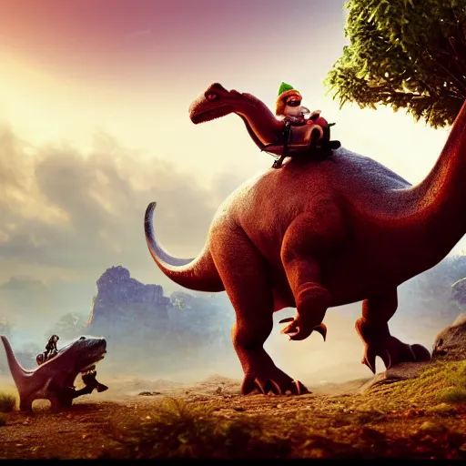 Image similar to ancient gnome riding the dinosaur, photorealistic cinematic scene, very coherent, hyper realism, high detail, vivid colors, octane render, unreal engine, 8k, Smooth gradients, High contrast, depth of field