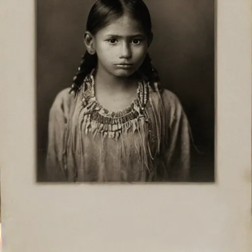 Prompt: portrait of a young beautiful native girl looking at the camera, eyes have a rainbow glow, background is a redwood forest, style of john singer sargent