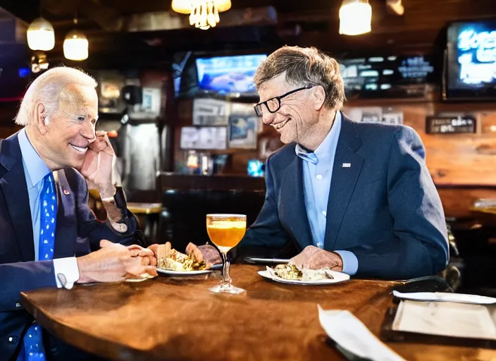 Prompt: Joe Biden and Bill gates, having dinner at a Dive bar restaurant, award winning cinematic photography, 50 mm, blurred background, trending on twitter