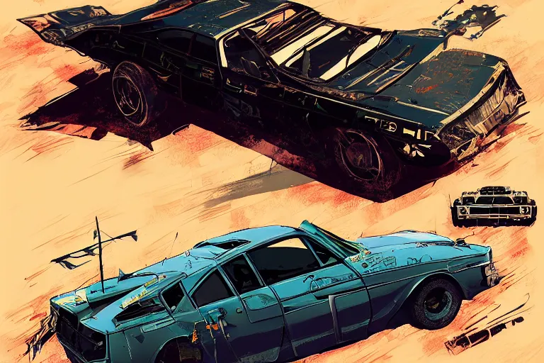 Image similar to digital illustration of mad max's [ [ [ [ yugo ] ] ] ] pursuit special, the last v 8 interceptor by makoto shinkai, ilya kuvshinov, lois van baarle, rossdraws, basquiat