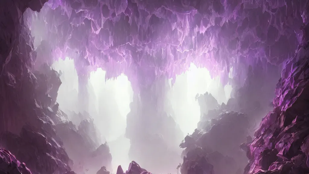 Image similar to a dark cave illuminated by large glowing violet crystal shards and veins, glowing!, foggy, by sylvain sarrailh, rossdraws, ambient light, ultra detailed, fantasy artwork, 8 k, volumetric lighting, trending on artstation, award winning, beautiful scenery, very very very very very very very beautiful.