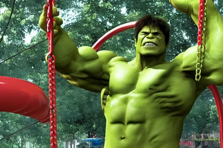 Prompt: hulk in a kid's swing at the children park, still shot from the new hulk movie, 4 k