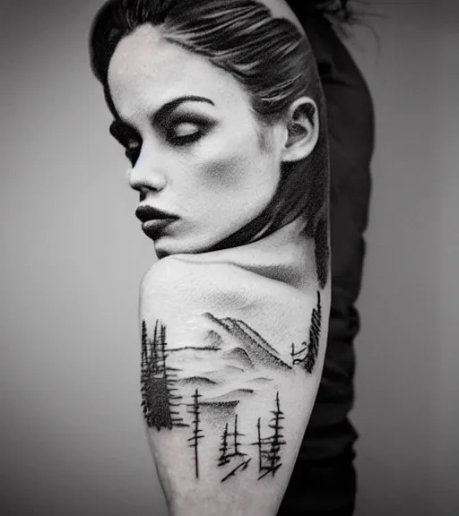 Image similar to tattoo design sketch of an extremely beautiful woman face with a faded background of beautiful mountains on her side, hyper - realistic, double exposure effect, in the style of matteo pasqualin, amazing detail, black and white, faded