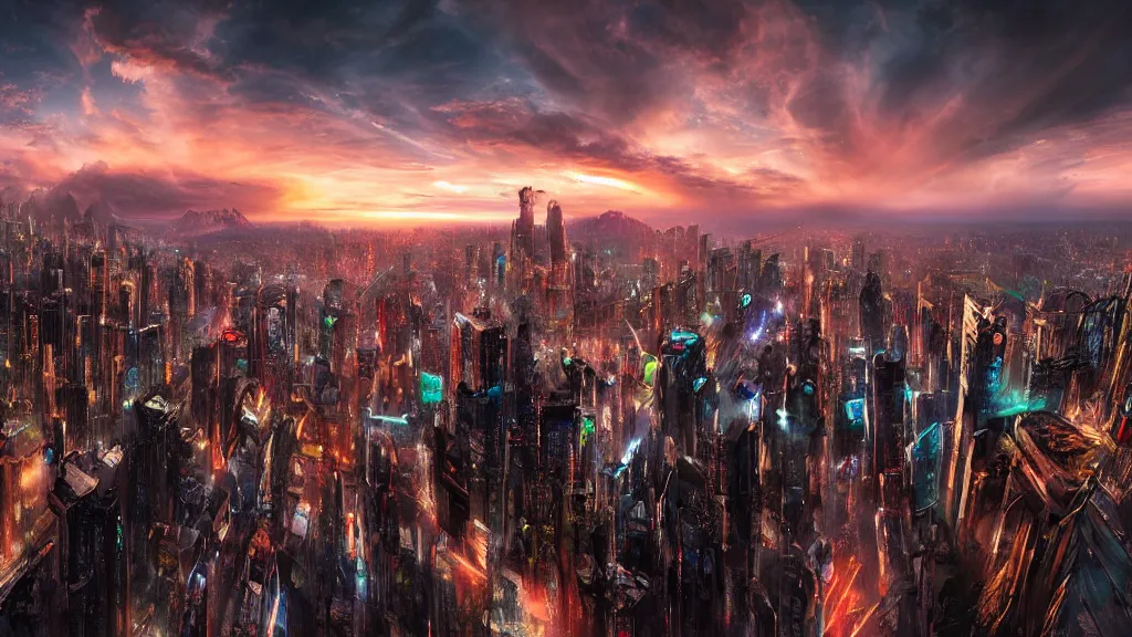 Prompt: marc adamus, the hero of diffusion model photography, dramatic!, sunset!, hdr! wow! so much dynamic range! wide angles! cyberpunk city