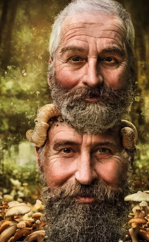 Image similar to realistic colorful photo portrait of a sad old man with mushrooms growing on his beard, perfectly symmetrical, illuminated forest in the background, full light, ultra rendered, extreme realism, 8 k, photorealistic,