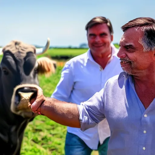 Prompt: bolsonaro holding hands with lula on a sunny farm field with visible cows and donkeys in the background , high definition, 4k