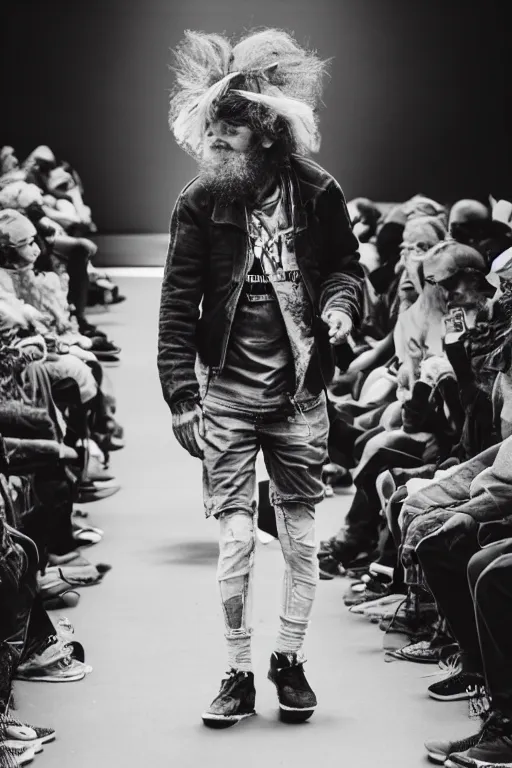 Image similar to Homeless man walking on podium at the annual fashion show in Paris, 8K, Photo 35mm, Kodak 35mm, Photorealistic, realistic, 4K, 8K, 8k resolution, high quality, Super-high qualit, details, super detailed, high details, max details, Hyperrealistic