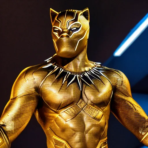 Image similar to a close up photo of a detailed golden statue of Black Panther, 8K,