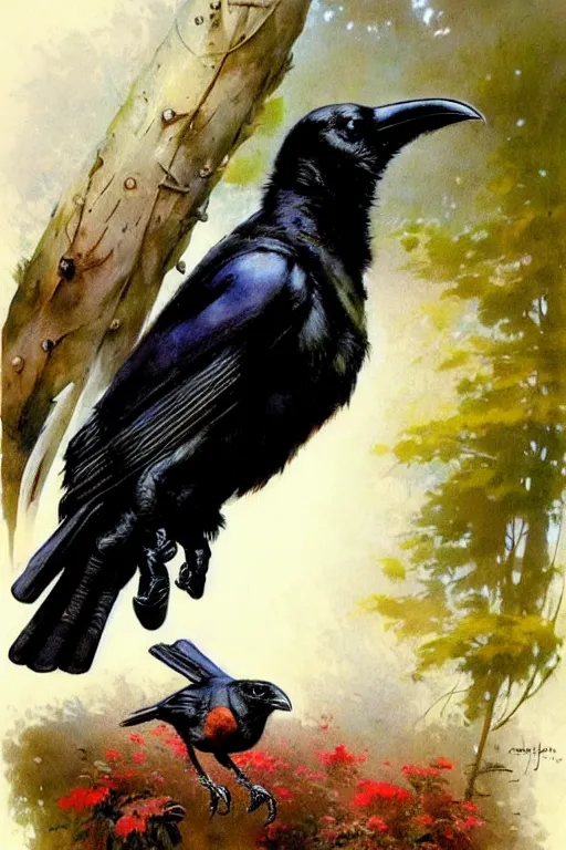 Prompt: adventurer ( ( ( ( ( 1 9 5 0 s retro future raven bird. forrest in background. muted colors. ) ) ) ) ) by jean baptiste monge!!!!!!!!!!!!!!!!!!!!!!!!! chrome red