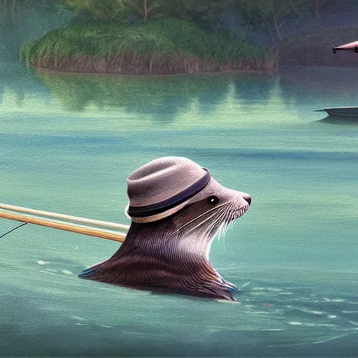 Prompt: painting of Otter in hat with fishing rod, fishing in river on boat near morning forest, stylized, octane render, Ghibli style