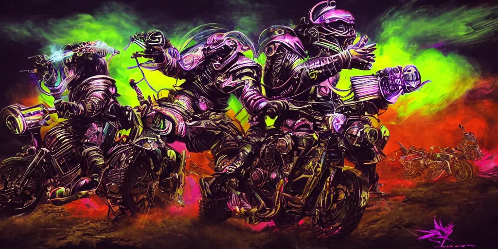 Image similar to psychedelic blacklight airbrush artwork, motorcycles, hyper stylized action shot of orcs in battle armor racing on motorcycles, menacing orcs, drifting, skidding, wheelie, clear focused details, soft airbrushed artwork, black background, post - apocalypse, cgsociety, artstation