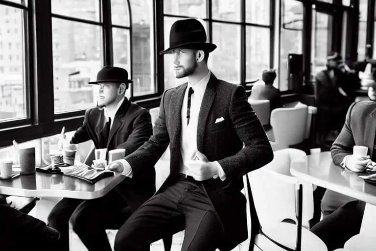 Prompt: still photo of new york men wearing suit and hat at a cafe, black and white color aesthetic, highly detailed, photorealistic portrait, bright studio setting, studio lighting, crisp quality and light reflections, unreal engine 5 quality render