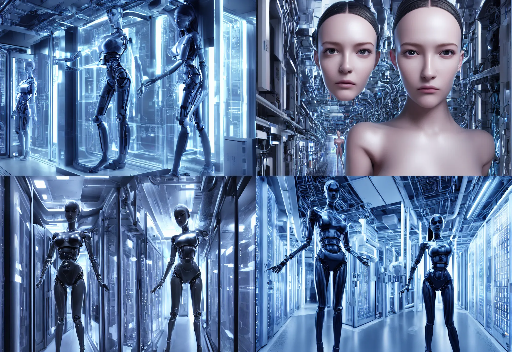 Prompt: hyper realistic android princess, beautiful symmetric human face and cyborg body, proportional human body in data center, in detailed data center, in realistic data center, whole body, whole figure, character design, stylish, awesome composition rules, cinematic realistic, detailed, composition, hyper realistic, extreamly detailed octane render 8 k, by ex - machina, by cyberpunk