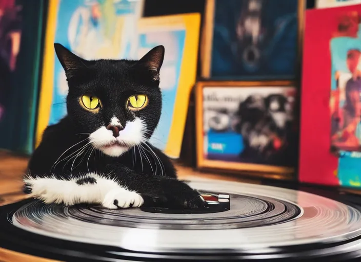 Image similar to photography of a Cat sitting on a record player. in a room full of posters, photorealistic, raining award winning photo, 100mm, sharp, high res