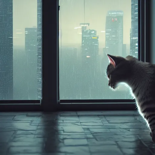 Image similar to A cat sitting on a Windows watching the view of a cyberpunk city, 24mm, 8k, octane render, beautiful, peaceful, cyberpunk, moody, raining, rain, super detailed, dof, volumetric lighting, rtx, raytracing, cyberpunk 2077