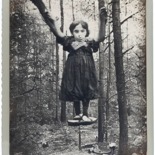 Prompt: Polaroid photo of Victorian child floating three feet above the ground in a thick forest