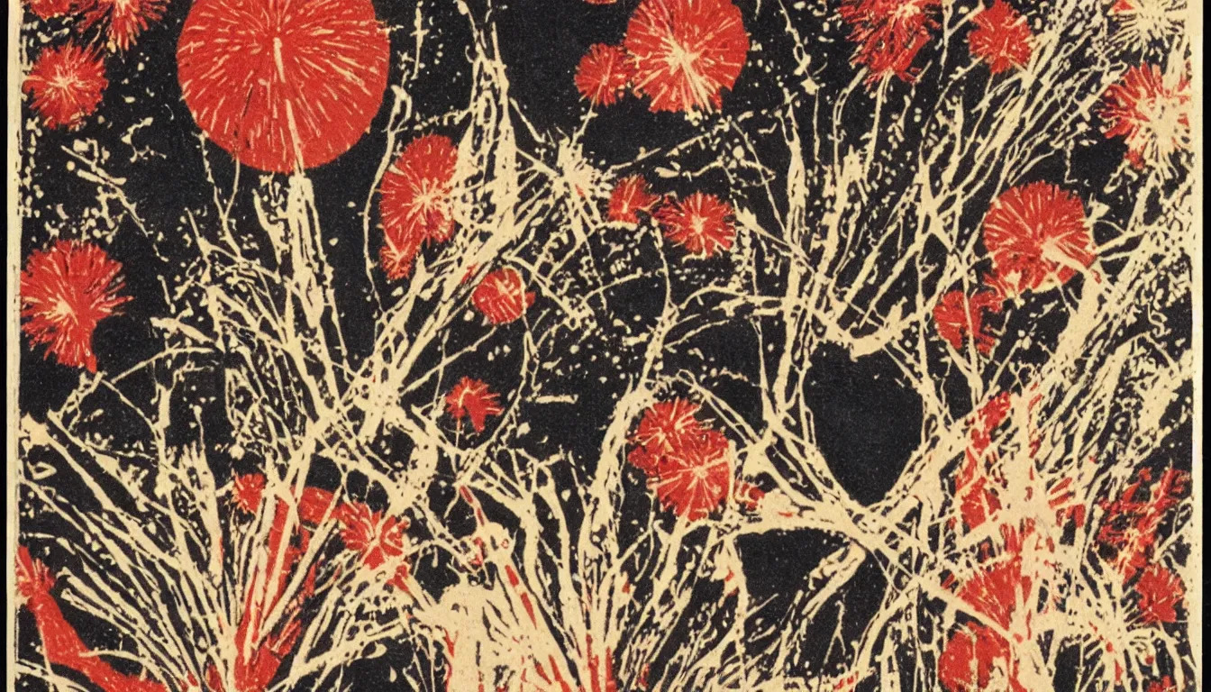 Prompt: anatomical illustration of fireworks, 1920s art deco, by Telemaco Signorini, vintage postcard, Hari-e collage by Masayasu Uchida