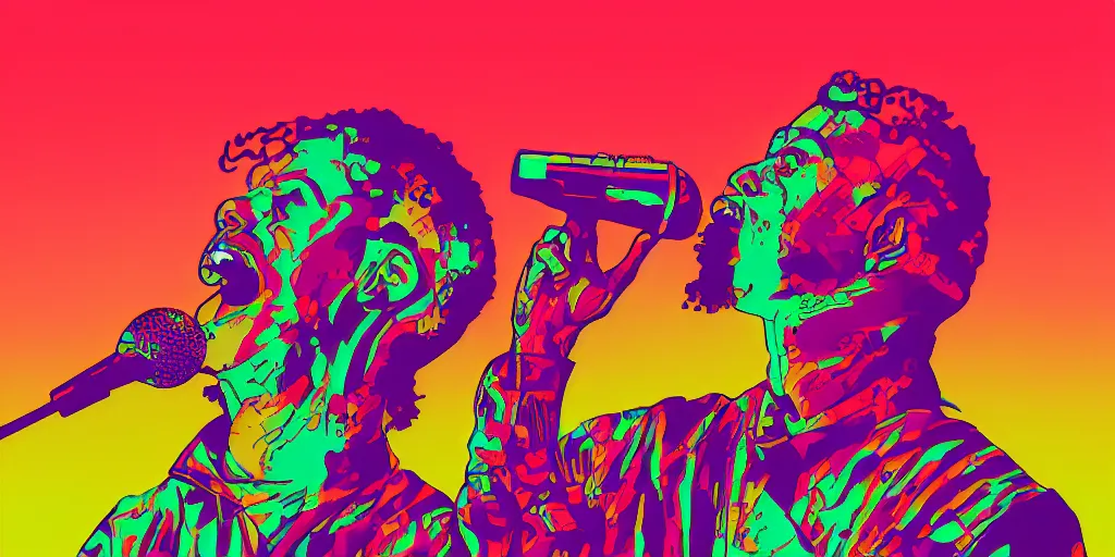 Prompt: rapping into microphone silhouette, digital art, vaporwave, hip hop, psychedelic, surreal, trending on Artstation, professional artist, detailed, 4k