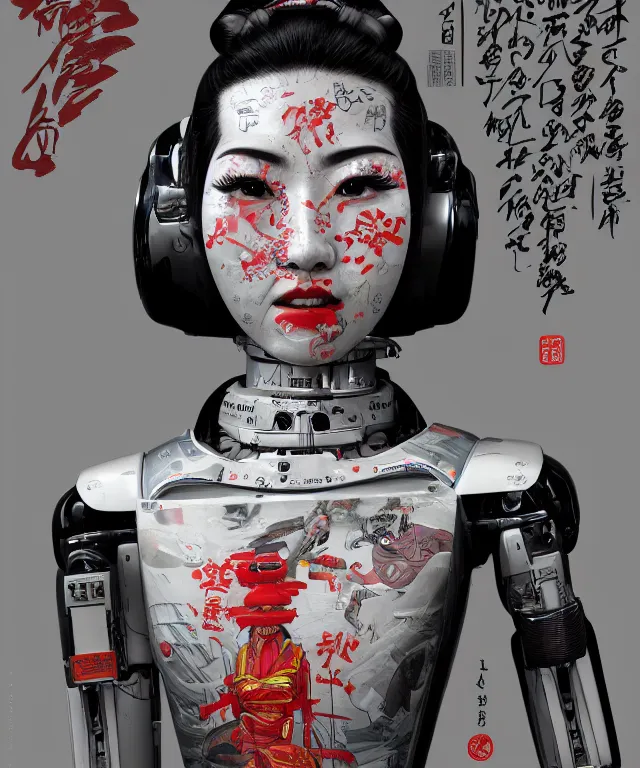 Image similar to an epic fantastic realism comic book style portrait painting of a japanese robotic geisha with kanji tattoos and decals, apex legends, octane render, intricate detail, 4 k hd,