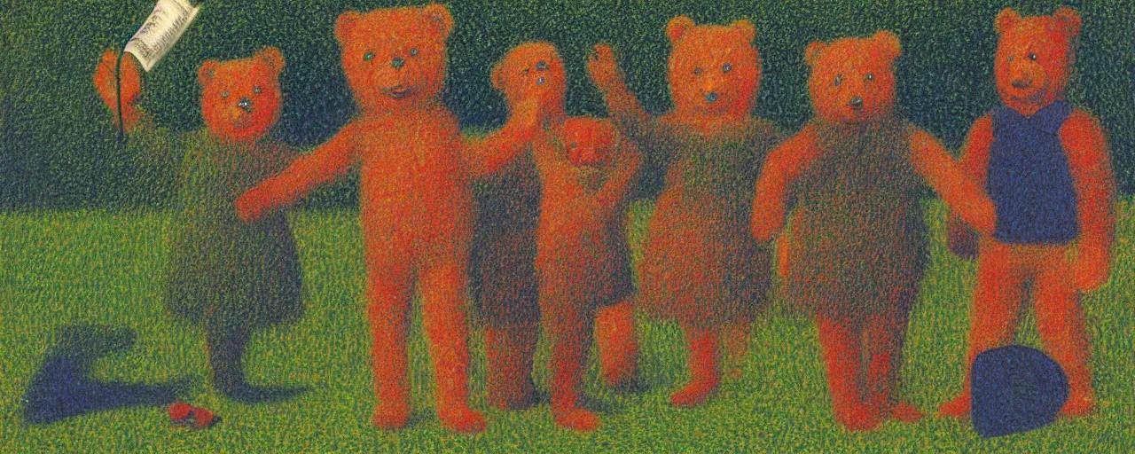 Prompt: teddy bear shakespeare in the park, from the terrifying and incomprehensible beyond, body horror, by david hockney, seurat